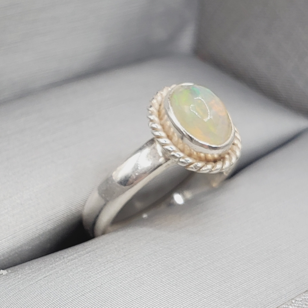 Genuine Opal 925 Sterling Silver Rope Halo Ring - Picture 2 of 5
